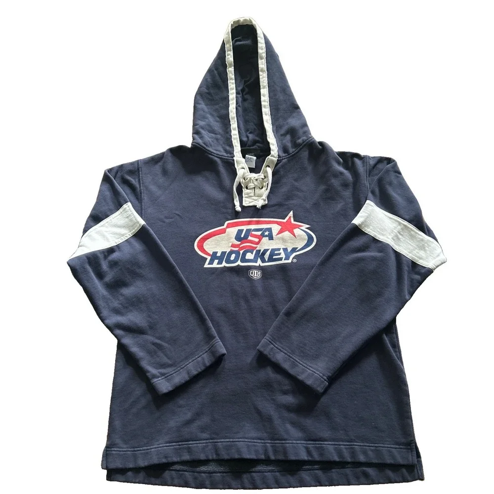 Vintage Old Time Hockey USA ICE HOCKEY Ties Hooded Sweatshirt Women's Size M